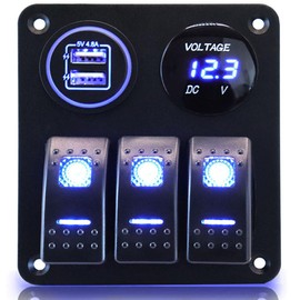 3 Gang Waterproof Marine Boat Rocker Switch Aluminum Panel DC 12V ON-Off Marine Switch Panel with Upgrade LED Digital Display Voltmeter and 4.8A Dual USB Slot Socket for Boat Car Rv Truck (Blue LED)