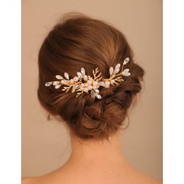Teyglen Wedding Gold Leaf Pearl Hair Comb Bridal Crystal Rhinestone Side Hair Comb Hair Pieces for Bride Vintage Hair Accessories for Women Girl