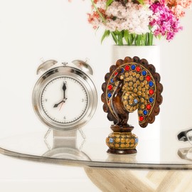 Wooden Handcrafted Traditional Indian Rajasthani Home Décor Decoration Table Décor Showpiece & Gifting (Brown Studded Peacock)