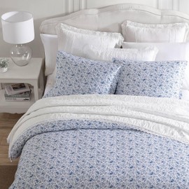 Laura Ashley - Queen Duvet Cover Set, Cotton Sateen Bedding with Matching Shams, Elegant & Silky-Smooth Home Decor (Lorelei Blue, Queen)