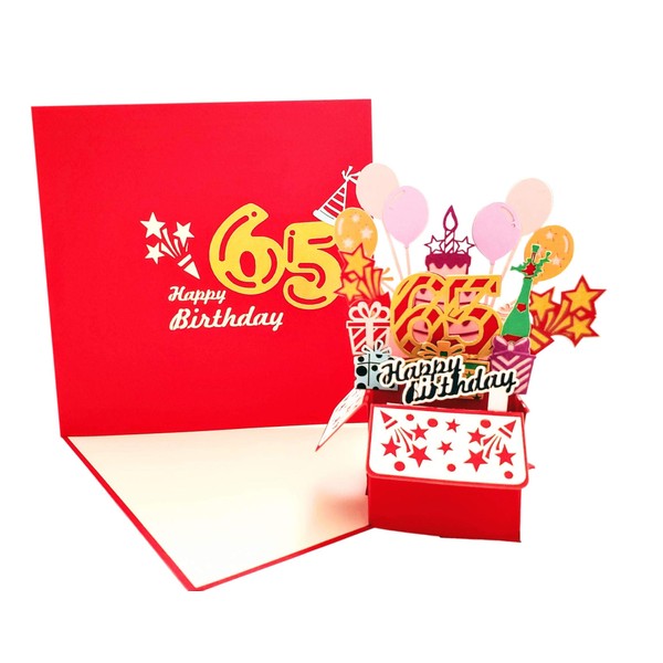 iGifts And Cards Happy 65th Red Birthday Party Box 3D Pop Up Greeting Card – Sixty-Five, Awesome, Balloons, Unique, Celebration, Presents, Feliz Cumpleaños, Fun, Mom, Dad