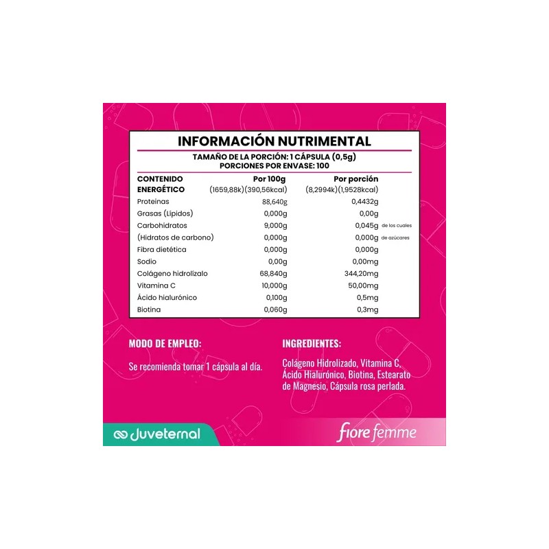 Fiore Femme Colágeno, Biotina Y Ácido Hialurónico, 100 Cáps.