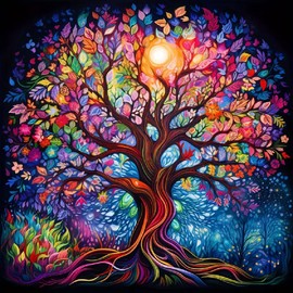 5D Diamond Painting Tree of Life, Colourful Magic Tree Diamond Painting for Adults and Children, DIY Set with Full Drill for Wall Decoration, Crystal Embroidery, Beginner Friendly, Wall Decoration,