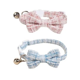 LOYELEY Cat Collar, Safety Buckle, Set of 2, Includes Bell, Bowknot Included, Checkered Pattern, Adjustable Size, 5.9 - 11.0 inches (15 - 28 cm), Ultra Lightweight, Cute, Safety Collar, For Dogs and