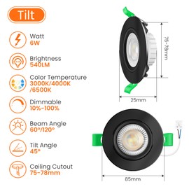 LED Downlights Ultra Slim Dimmable 6W 75-78mm, Tilt LED Downlights 3CCT Warm White 3000K Natural White 4000K Cool White 6500K Dimmable LED Downlights for Kitchen Bathroom Living Room 6 Pack Black
