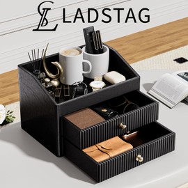 LADSTAG Office Supplies,Black Vegan Leather Office Organization with 2 Drawers & Tray,Glasses Holder with Gold-Tone Metal Accents Knob for End Tables,Bedside Table,Bedroom
