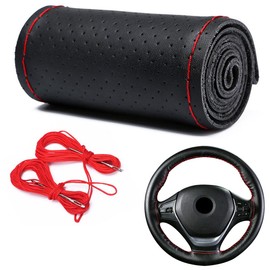 DEEYOTA Car Steering Wheel Cover Universal Fit Round Stitch Steering Wheel Wrap Thin PU Leather Steering Wheel Cover Sewn on 15" Car Wheel (Black)