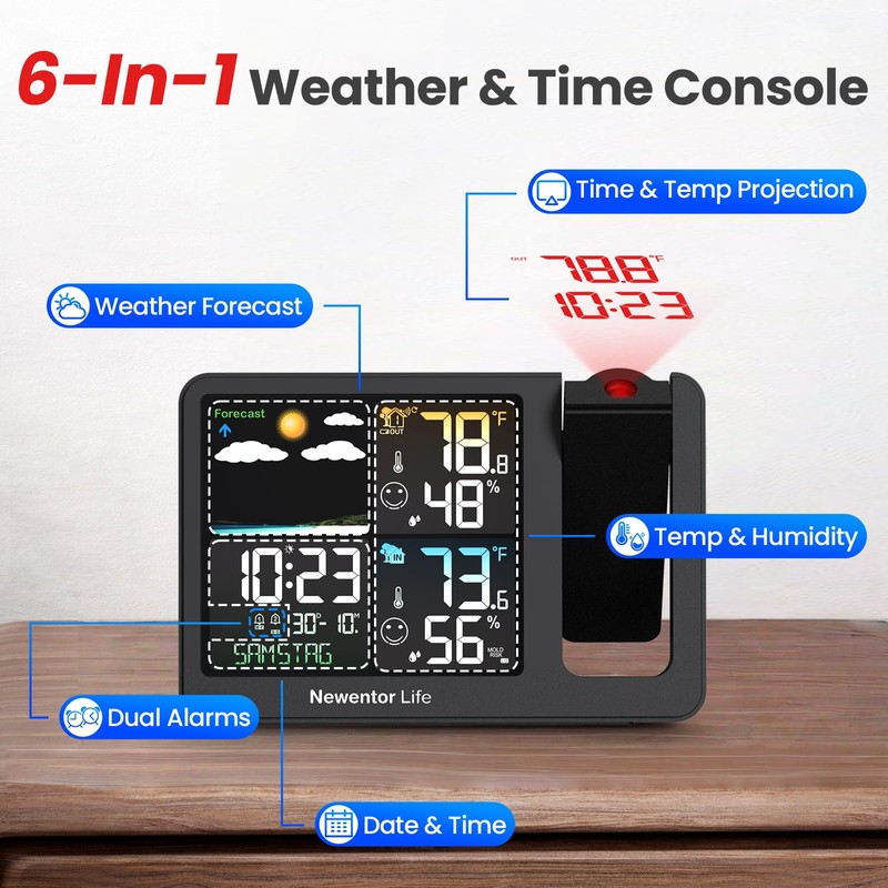 Newentor Projection Alarm Clock, 2-in-1 Weather Station for Bedroom Ceiling,