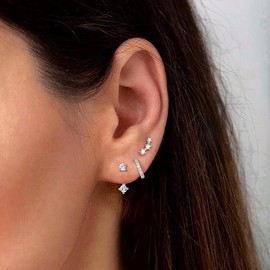 Morfetto 3 Pairs of Earrings Silver 925 Hypoallergenic Earrings Set for Multiple Piercing 14 Carat Gold-Plated Stud Earrings Silver 925 Huggie Small Hoop Earrings for Women Earring Stack for Sensitive