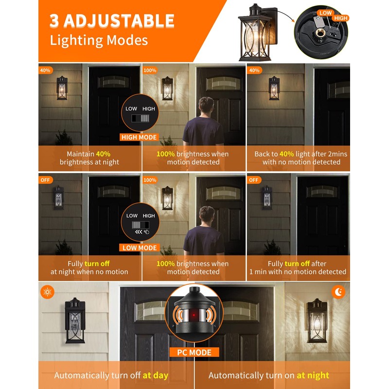 Delicavy Motion Sensor Outdoor Wall Light with Dimmable Bulb, Modern
