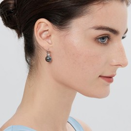 Jiahanzb Pearl Earring Dangle Pearl Diamond Earring for Women Sterling Silver Cubic Zirconia Dark Gray Pearl Leverback Earring Silver Pearl Drop Earrings 10mm Pearl Jewelry