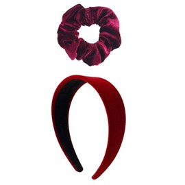 ZOONAI Velvet Wide Headband With Velvet Scrunchies for Women Girls, Fashion No Slip Hairband Elastic Hair Ponytail Holder Hair Tie (Solid Color-Red, One Size)