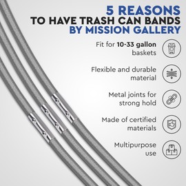 Mission Gallery Trash Can Rubber Bands Set of 3 - Elastic Garbage Can Bands with Metal Connector, Fits 13 to 33 Gallon Trash Bags - Gripper Trash Can Bands for Waste Baskets, Grey
