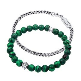 Kuzzoi men's bracelet set, one elastic gemstone bracelet with silver beads, malachite beads green and a chain bracelet for men, oxidised 925 sterling silver, length 19-21 cm