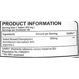 Pure Nutrition Safed Musli Root Extract 500mg Tablet (Asparagus Adscendens 40% Saponins) - 60 Veg Tab - Non GMO | Gluten Free