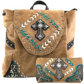 Justin West Trendy Western Cross Rhinestone Conceal Carry Women Backpack Purse (Tan Backpack Wallet Set)