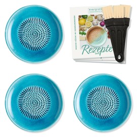 evergrate Ceramic Grater Set of 3 - 3 Plate Graters Turquoise with Kitchen Brushes and Recipe Booklets