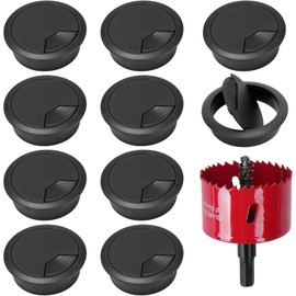 HO2NLE Pack of 10 Desk Cable Grommets, 60 mm Cable Pass with 1 Hole Saw, Removable Round Lid for Desks, Table, Office, Worktops, Black
