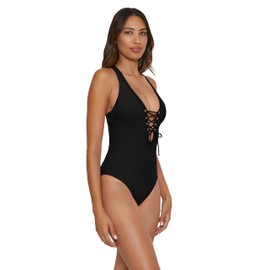 BECCA Women's Standard Modern Edge Plunge One Piece Swimsuit, Adjustable, Bathing Suits, Black (A)