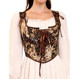 KOJOOIN Women's Vintage Floral Corset Lace-Up Fishbone Print Vest Renaissance pirate costume Black cosmos M