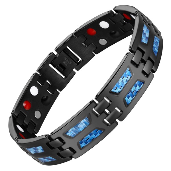 Feraco Magnetic Bracelets for Men Unique Blue Carbon Fiber Titanium Steel Magnetic Bracelet for Men Black with 4 Element Magnets