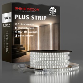 Shine Decor Plus LED Strip Lights AC 120V, Connectable Double Row Bright Rope Light, ETL IP65 Waterproof & Weather-Resistant for Accent Lighting, 7x17mm, 6000K Cool White, 98FT
