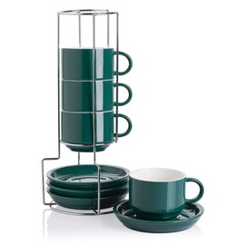 Sweejar Porcelain Cappuccino Cups with Saucers and Metal Stand, 8 Ounce Stackable Espresso Cups for Specialty Coffee Drinks, Latte, Americano, Tea - Set of 4 (Jade)