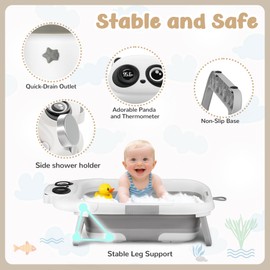 Collapsible Baby Bathtub for Newborn, Baby Bath Tub with Thermometer & Soft Floating Cushion & Drain Hole for Infant to Toddler, Portable Travel Bathtub with No-Slip Feet for 0-36 Months-Gray