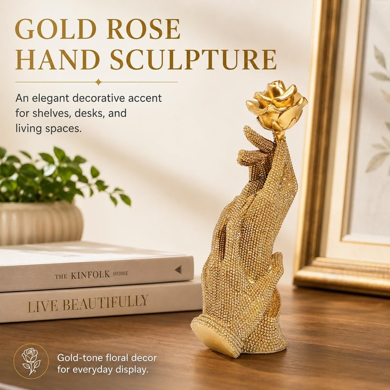 MOTIAHOOM Gold Hands Holding Rose Figurine