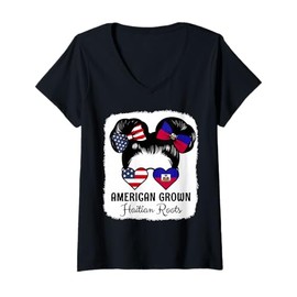 Womens American Grown Haitian Roots Girl Haiti Flag Heritage V-Neck T-Shirt