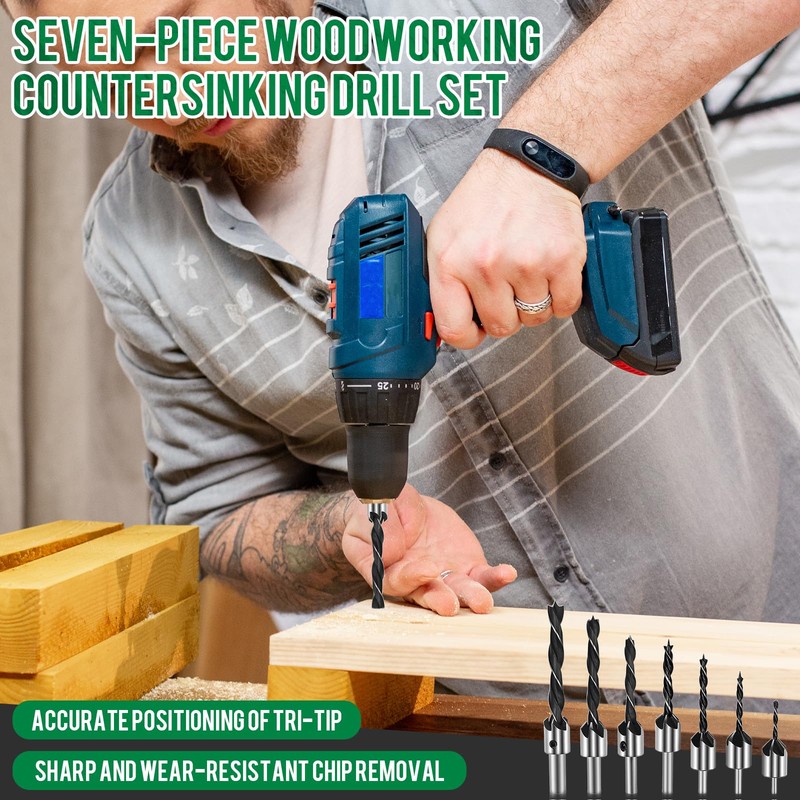 Drill with Countersink, 7-Piece Wood Drill Set, Spiral Drill Bit
