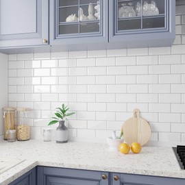 VEELIKE 12-Sheets Subway Tile Peel and Stick White Peel and Stick Backsplash for Kitchen with Silver Grout 12''x12'' Removable Waterproof Stick on Tile Back Splashes for Bathroom Laundry Room Renters
