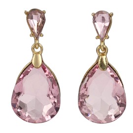 Large Stone Double Teardrop Style Designer Inspired Look Fancy Formal Rhinestone Bling Gold Tone Post Dange Drop Earrings - Assorted Colors (Light Pink)