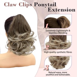 Ponytail Extension,Ombre Brown Mix Blonde 12 Inch Claw Clip Ponytail Extension, Soft Wavy Curly Clip on Ponytails for Women Heat Resistant Synthetic Hairpiece for Daily Use