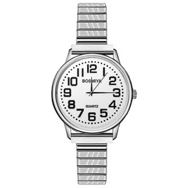 JewelryWe Damen-Armbanduhr, elastisch, dehnbar, analog, Quarz, Edelstahl, 1 ATM, wasserdicht, rund, klassisch, einfach, mit schmalem Armband, Geschenk für Damen, silber, 21-24cm, Armband