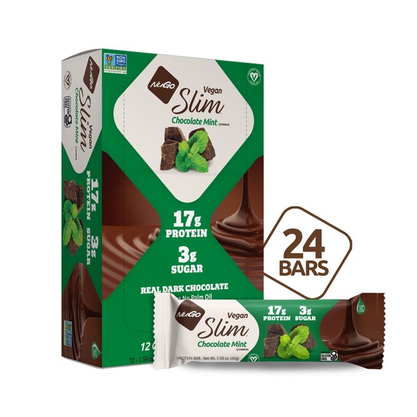 Nugo Slim Dark Chocolate Mint, 18g Vegan Protein, 3g Sugar, 6g Fiber, 180 Calorie, Low Net Carbs, Gluten Free, 24 Count