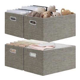 Posprica Closet Storage Bins, 4 Pack Closet Shelf Organizers, Linen Fabric Decorative Storage Baskets for Organizing, Foldable Storage Box for Clothes, Toy, 15x10.5x8.25 Inch-Coffee