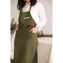 AOBBYBBS Adjustable Japan Nordic Style Soft Cotton Linen Apron with Four Pockets A Towel, Olive Green, 38L*32W