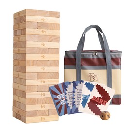 RM ROOMERS Giant Tumble Tower, 54Pcs Wooden Tumbling Blocks Game Include A Leather Carrying Bag, Dice, Truth or Dare Cards, Giant Jumbling Tower Game for Family for Indoor Outdoor Yard Lawn Party