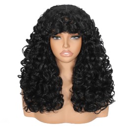 Curly Afro Wig for Black Women Curly Wigs with Bangs 18 Inch Long Curly Afro Synthetic Wig for Cosplay and Daily(Black)