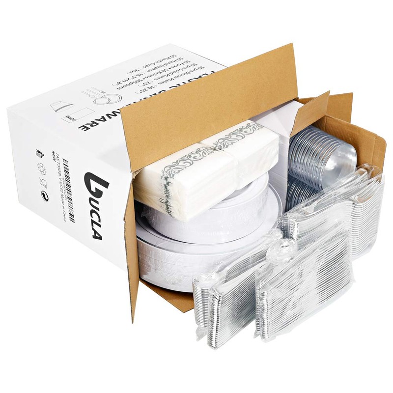 bUCLA 350PCS Silver Plastic Dinnerware Set for 50 Guests -