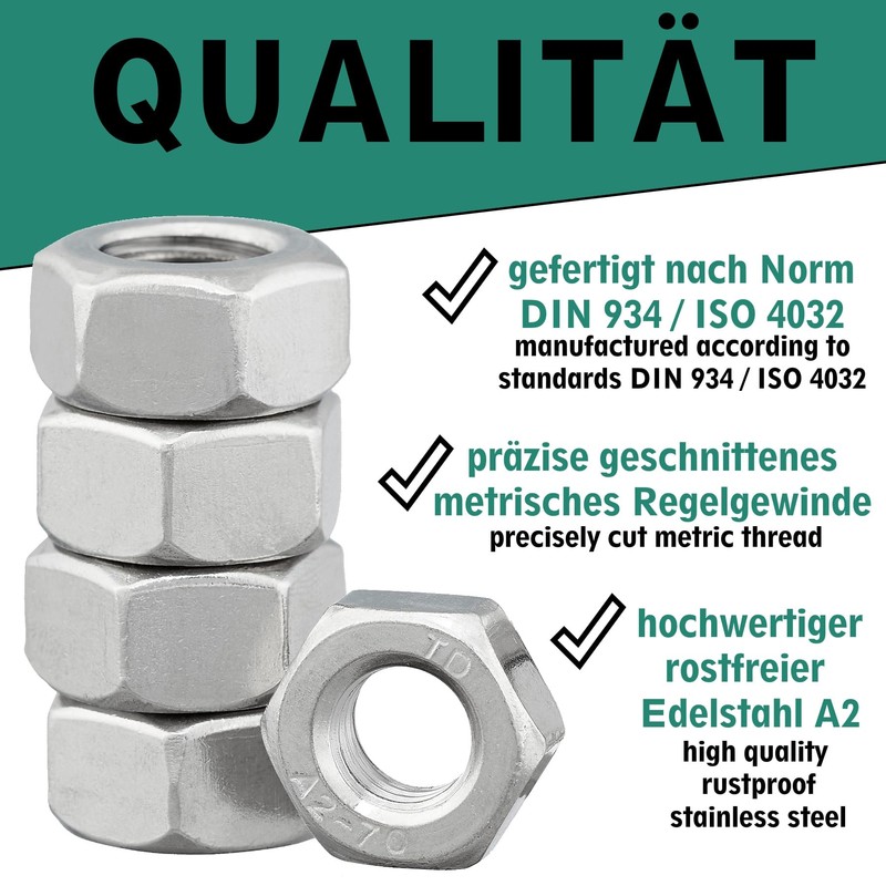 Hexagon nut, DIN 934/ISO 4032, standard, stainless steel A2 V2A,