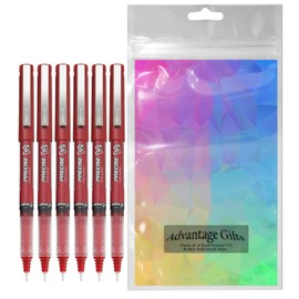 Advantage Gifts Precise V5 Stick Rolling Ball Pens, Extra Fine Point (.5mm), Red Ink, 6-pk; Bundle with Plastic Reusable Pouch