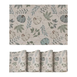 Artoid Mode Leaves Blue Pumpkin Fall Vinyl Placemats Set of 4, Wipeable Woven PVC Table Mats for Thanksgiving Holiday Party Kitchen Dining Decor