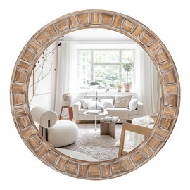 Yamyeud Round Wood Wall Mirror 30 Inch, Farmhouse Decorative Circle Mirrors for Living Room, Bathroom, Bedroom, Entryway