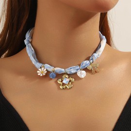Navirix Unique Scarf Necklace for Women,Heart Flower Bow Charming Bandana Necklace,Delicate Adjustable Choker Charms Jewelry (Flower)