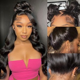 Aaliweya 360 HD Full Lace Front Wigs Human Hair 360 Body Wave Frontal Wigs for Women 180% Density Glueless 360 Wig Pre Plucked Make High Ponytail Natural Black 30 inch