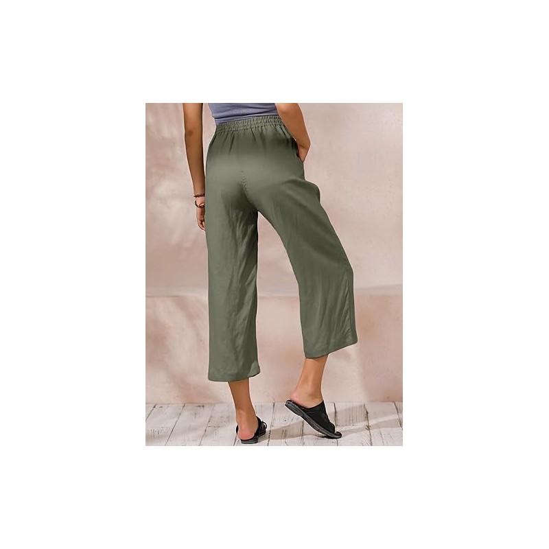 ECUPPER Women's Linen Blend Cropped/Capri Pants Wide Leg Casual Elastic