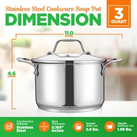 NutriChef 3-Quart Stainless Steel Soup Pot - 18/8 Food Grade Heavy Duty Cookware, Stock Pot, Stew Pot, Simmering Pot Kitchenware w/See Through Lid, Dishwasher Safe, For Induction Gas Ceramic Cooktops