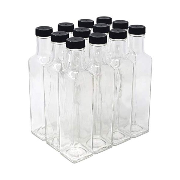 NiceBottles - Clear Glass Quadra Bottles, 250ml, Black Caps (8.5